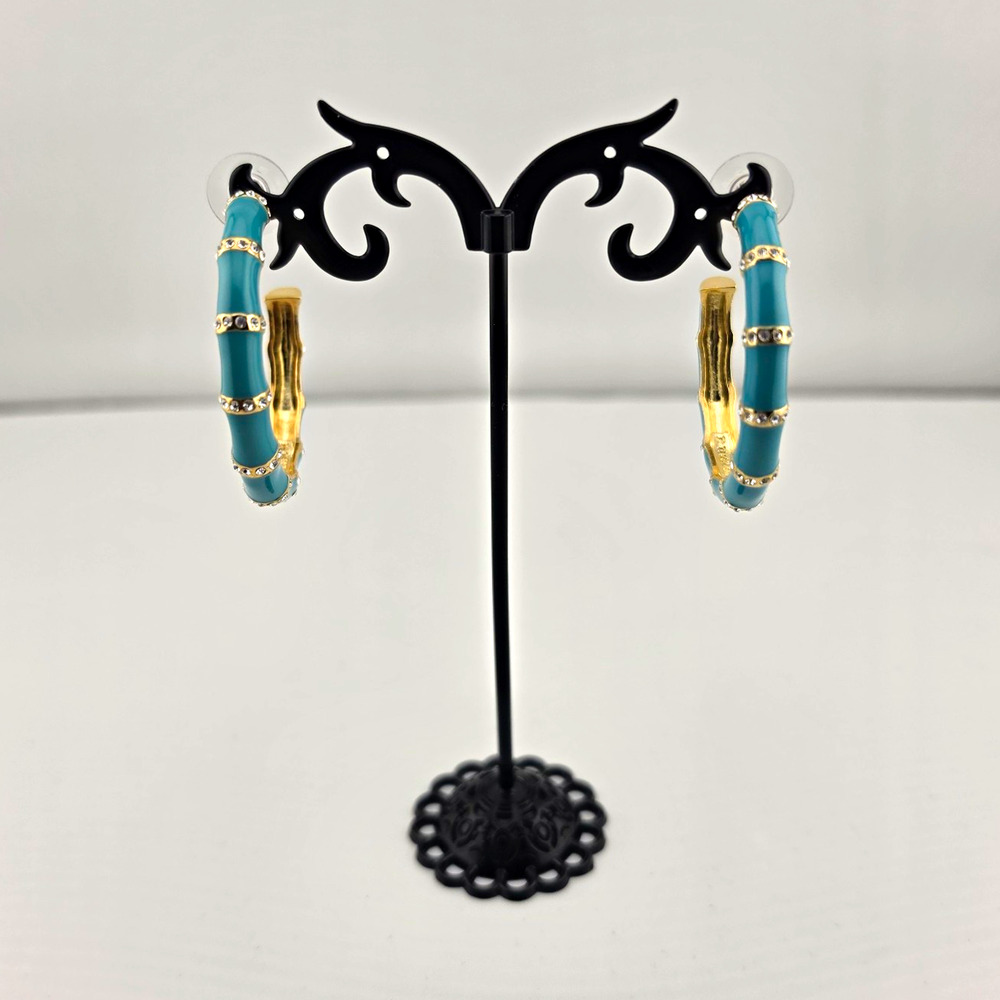 Vtg JC Thailand Gold Tone Turquoise Enamel Bamboo Earrings w/Rhinestone Accent